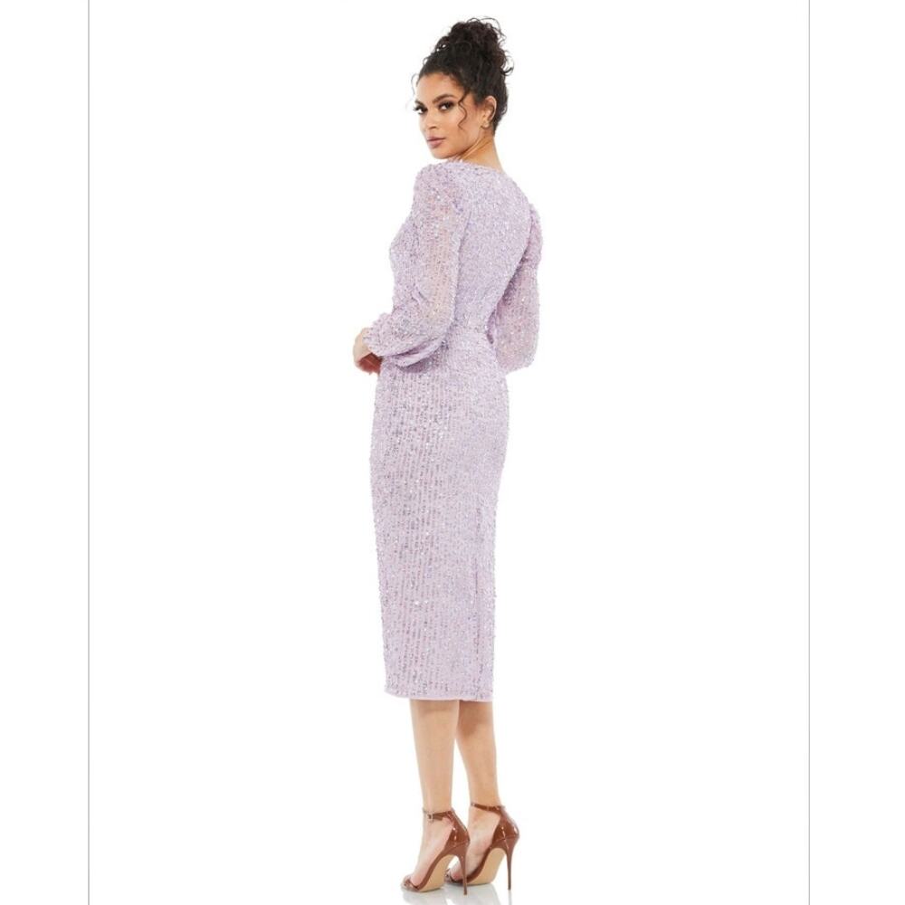 Mac Duggal 107641 Sequin Lavender Purple V Neck Long Sleeve Midi Dress 4 Gown - Picture 9 of 12